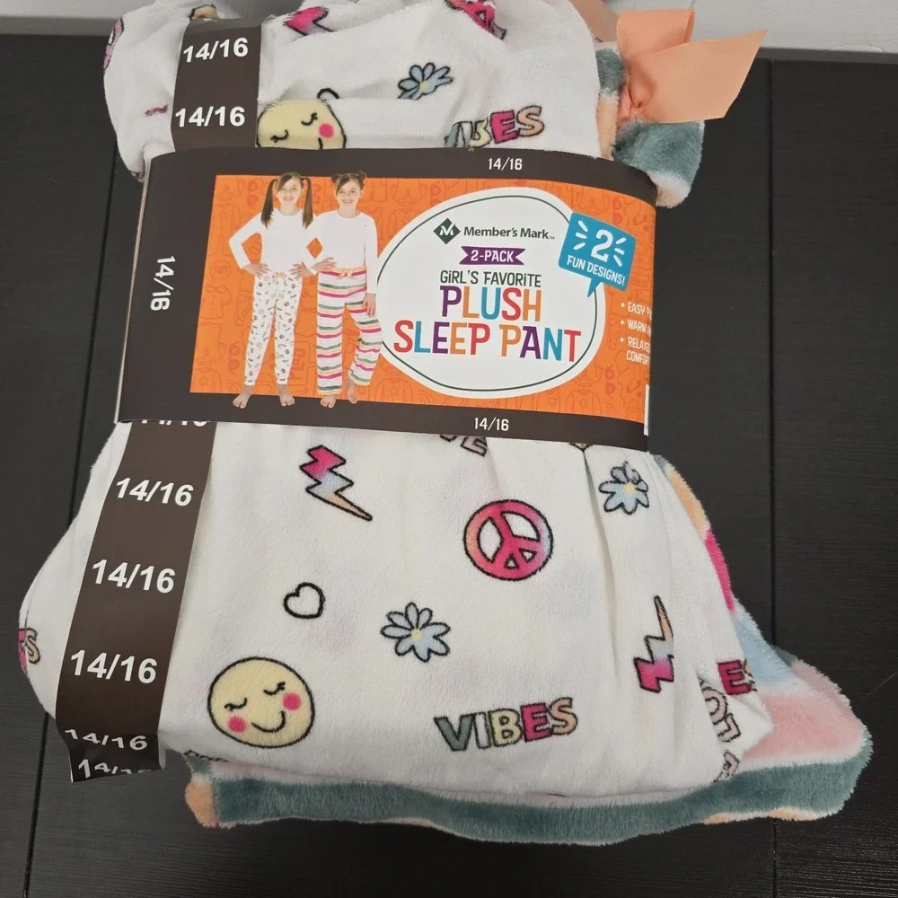 Members Mark Girls 2-Pack Plush Sleep Pants Emoji Stripes Size 14/16 NEW‎